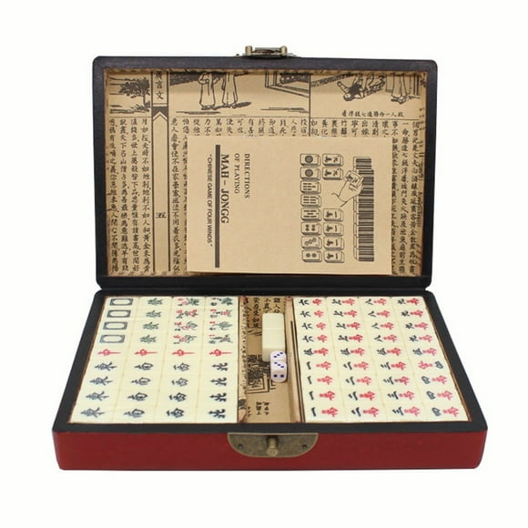 Ensemble Portable de Mah-Jong Chinois avec 2 Pcs de dés, Étui de Transport en Bois pour Jeu de Voyage
