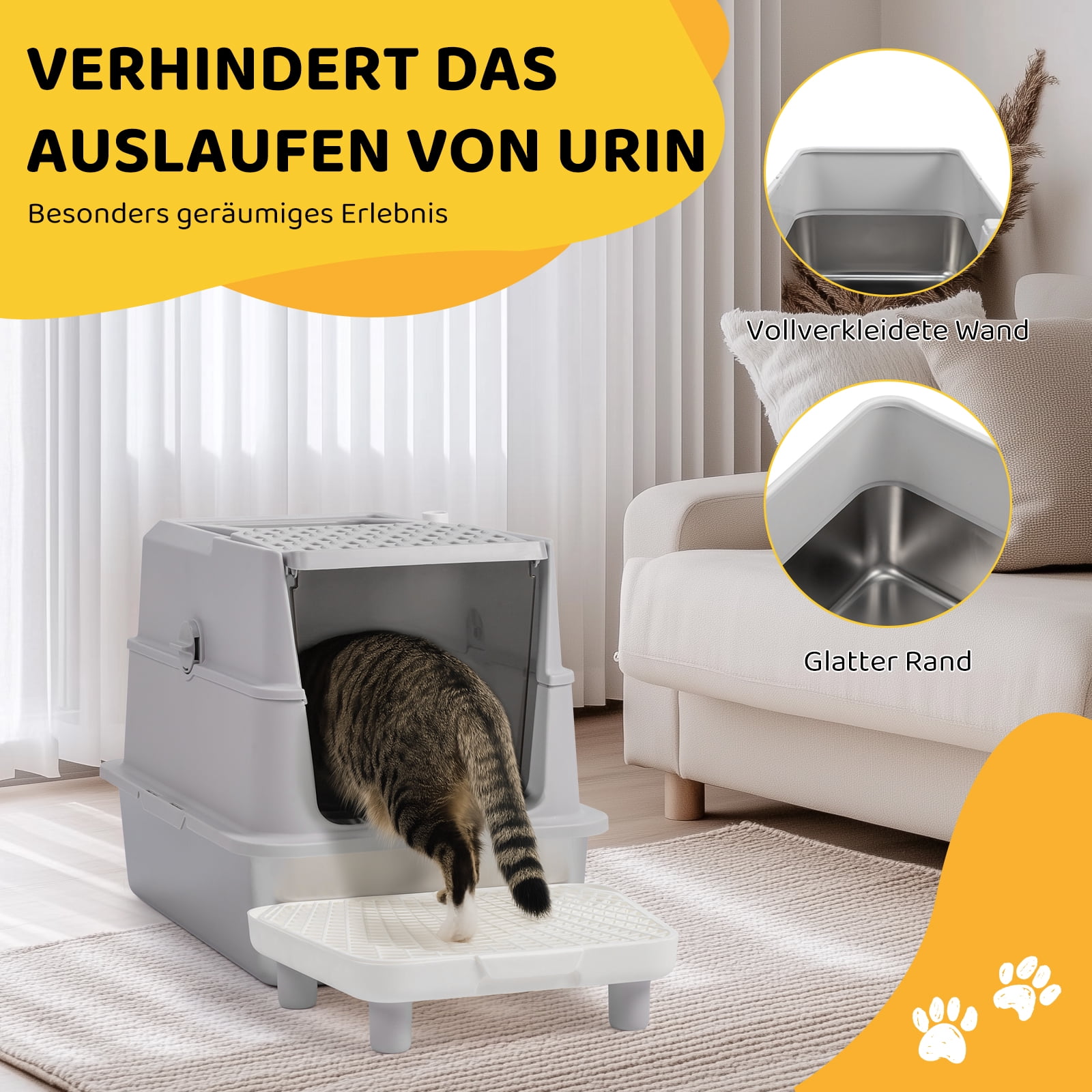 Ktaxon Enclosed Cat Litter Box - Stainless Steel Large (60x40x46cm) with Scoop & Mat, Odor Control, Grey