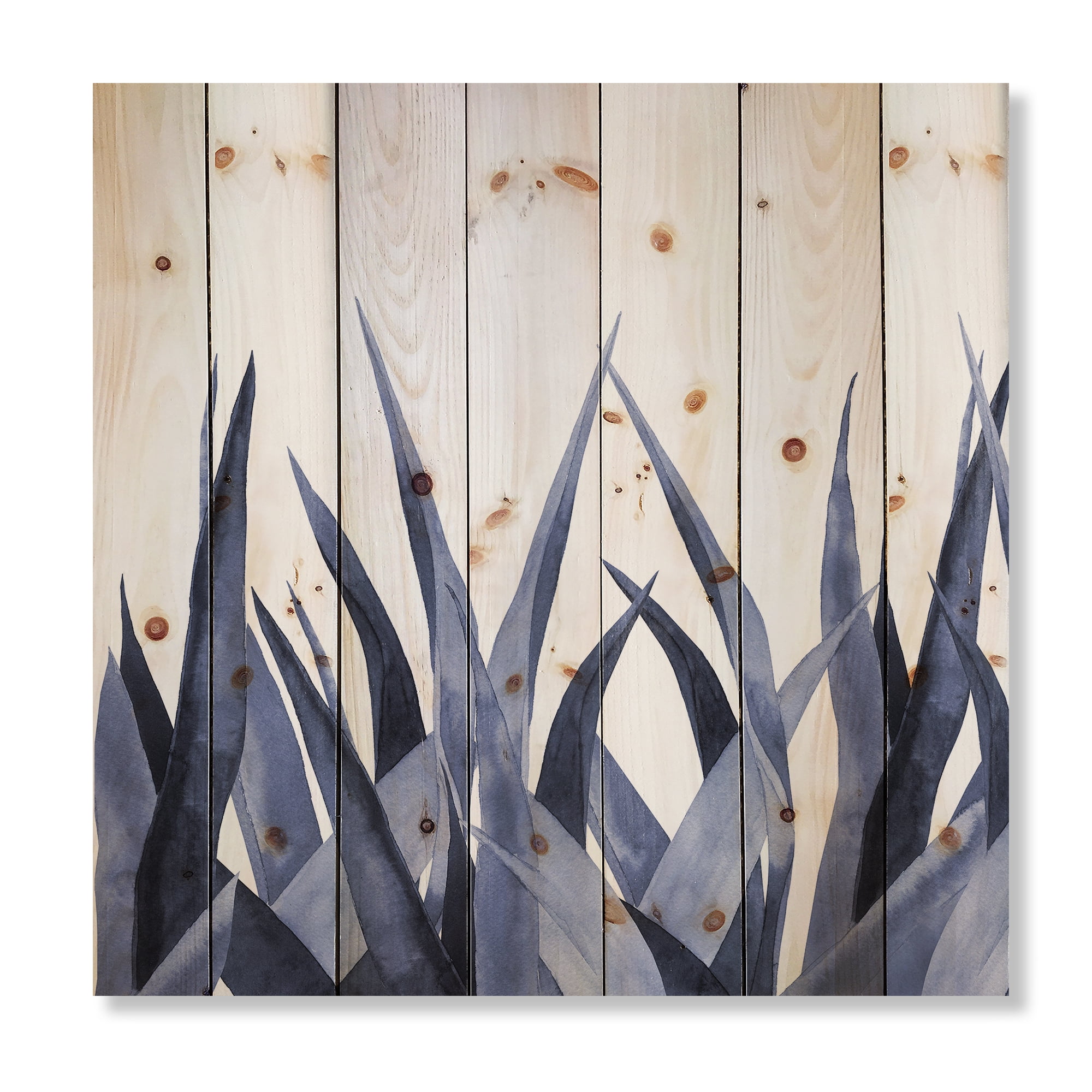Designart 'Close Up Navy Blue Agave Leaves' Traditional Print on Natural Pine Wood