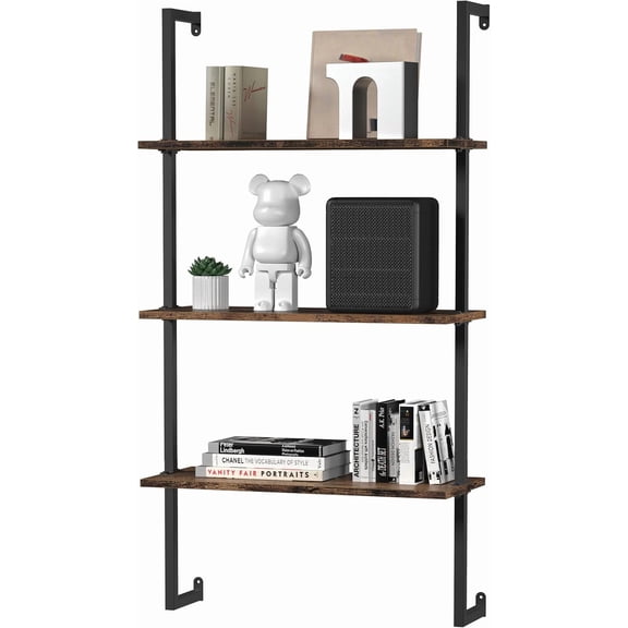 3-Tier Ladder Shelf Wall Mounted Bookshelf:Floating Shelves for Wall,Narrow Ladder Shelf,Open Industrial Bookshelves,Perfect Bathroom Shelves for Living Room,Office Decor -Space Saving