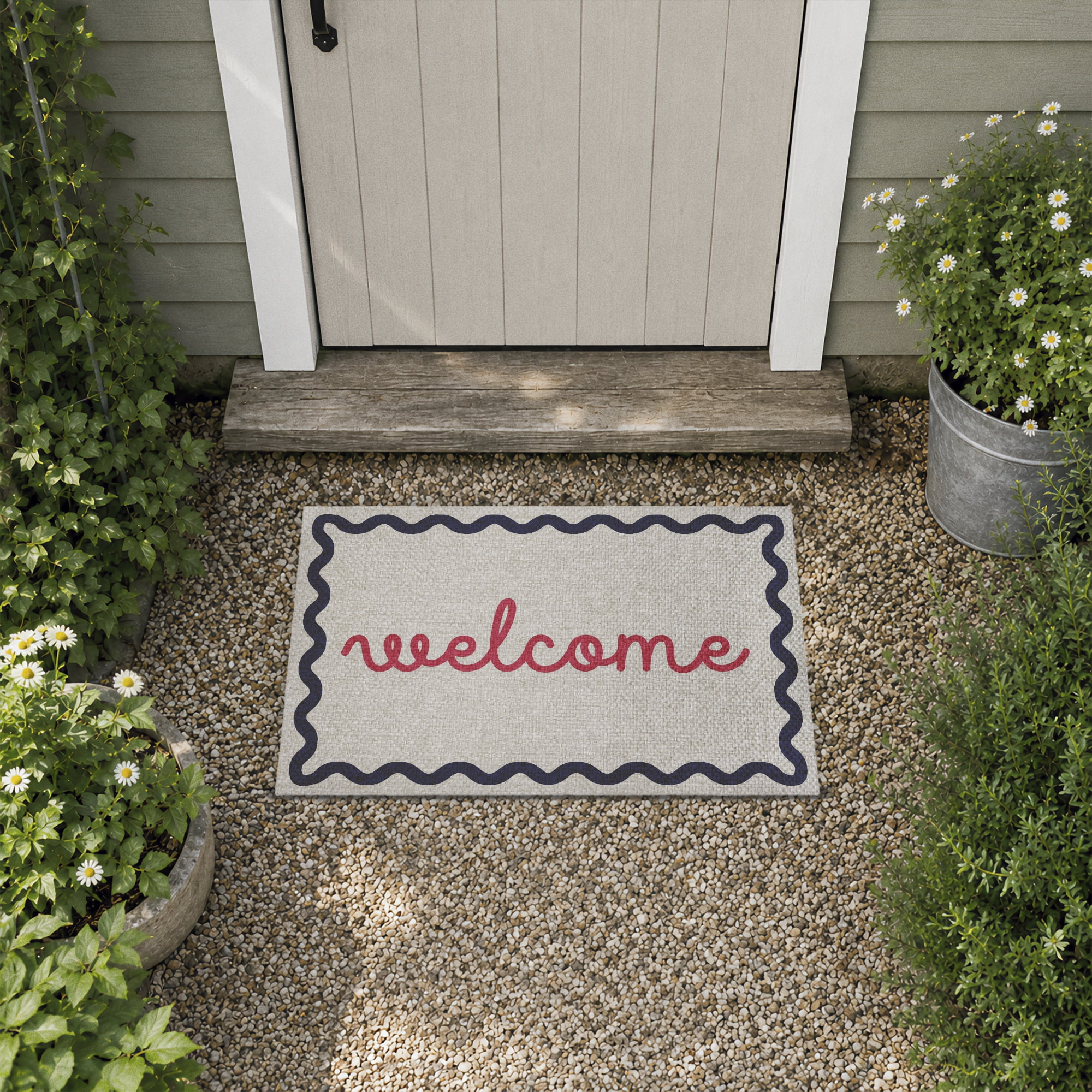 Stupell Industries Eclectic Welcome Blue & Pink Printed Outdoor Imitation Sisal Floor Mat, design by Lil' Rue