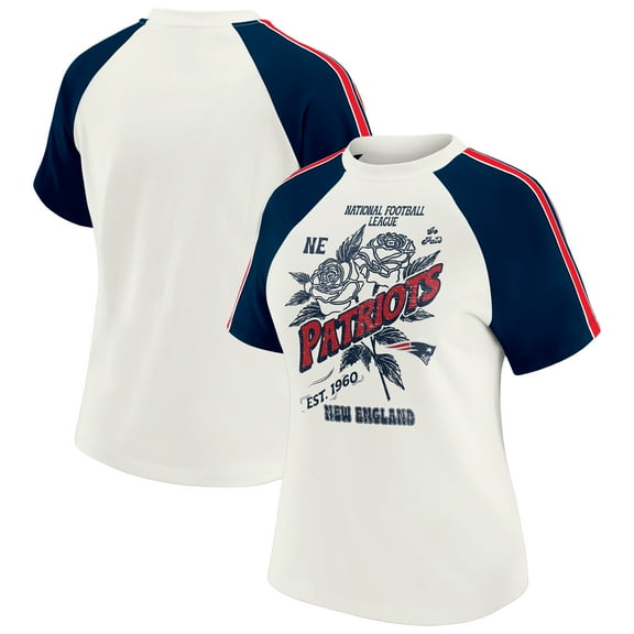 Women's WEAR by Erin Andrews White New England Patriots Sleeve Stripe Distressed Raglan T-Shirt