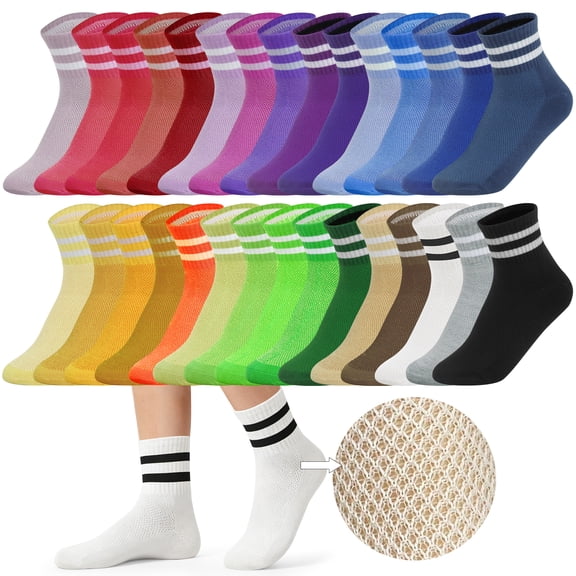 Sophproton 30 Pairs Women's Mid Calf Socks Breathable Mesh Moisture-Wicking Casual Athletic Stretch 30 Color Assortment Bulk Socks for Women Teens
