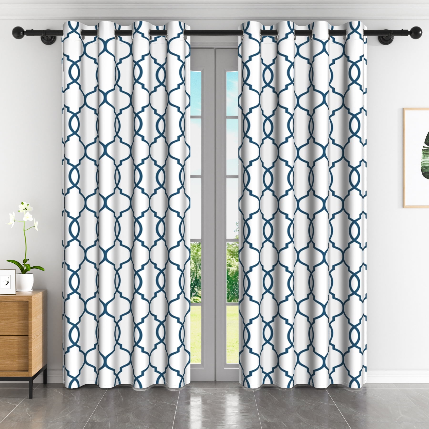 Lfeey Geometric Grid Pattern Light Filtering Grommet Blackout Curtains, Navy Blue, 42x84 Inches, 2 Panels