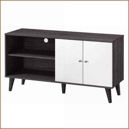 TV Furniture: Mid-Century Modern TV Stand with 2 Shelves & 1 Cabinet, for TVs up to 47.3" | Dark Gray White | Wood
