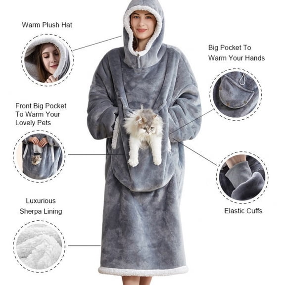Oversized Wearable Hooded Blanket Robe with Pet Pocket Soft Sherpa Warm for Winter Home Lounging