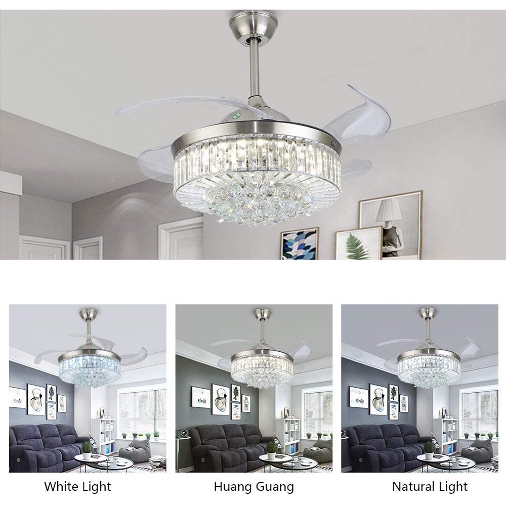 Crystal Ceiling Fan Dimmable Chandelier with Lights and Remote Modern Invisible Retractable LED