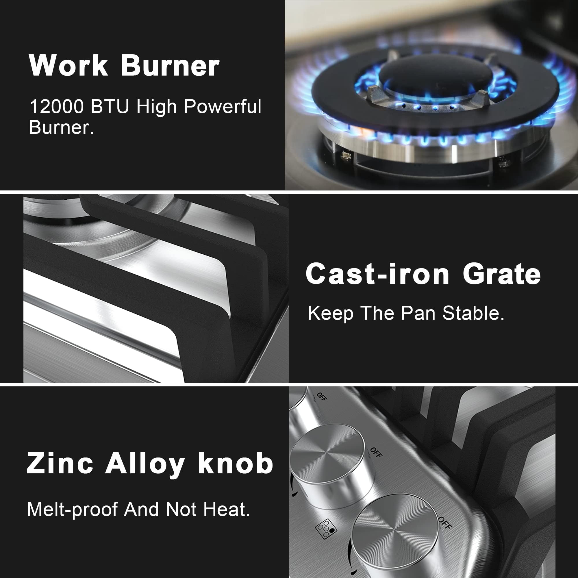 24 inch Gas Cooktop, Bulit-in Gas Stove Top with 4, 24 Inch NG/LPG Convertible Cooktops, Four Burner Propane Cooktop with Thermocouple Protection, Stainless Steel