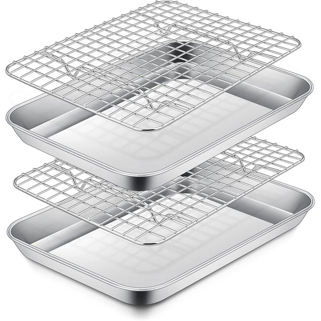 9 Inch Toaster Oven Pan and Rack, P&P CHEF Stainless Steel Mini Toaster Oven Trays and Baking Racks Set for Meat Cookie, Oven & Dishwasher Safe, (2 Pans + 2 Racks)