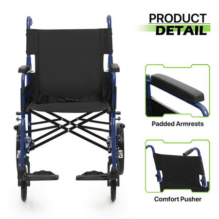 Magshion Folding Transport WheelChair, Foldable Rollator Chair with Swing-Away Footrests, Flip Back Backrest and Parking Brake for Adults, Disabled, 300lbs Weight Capacity, Blue