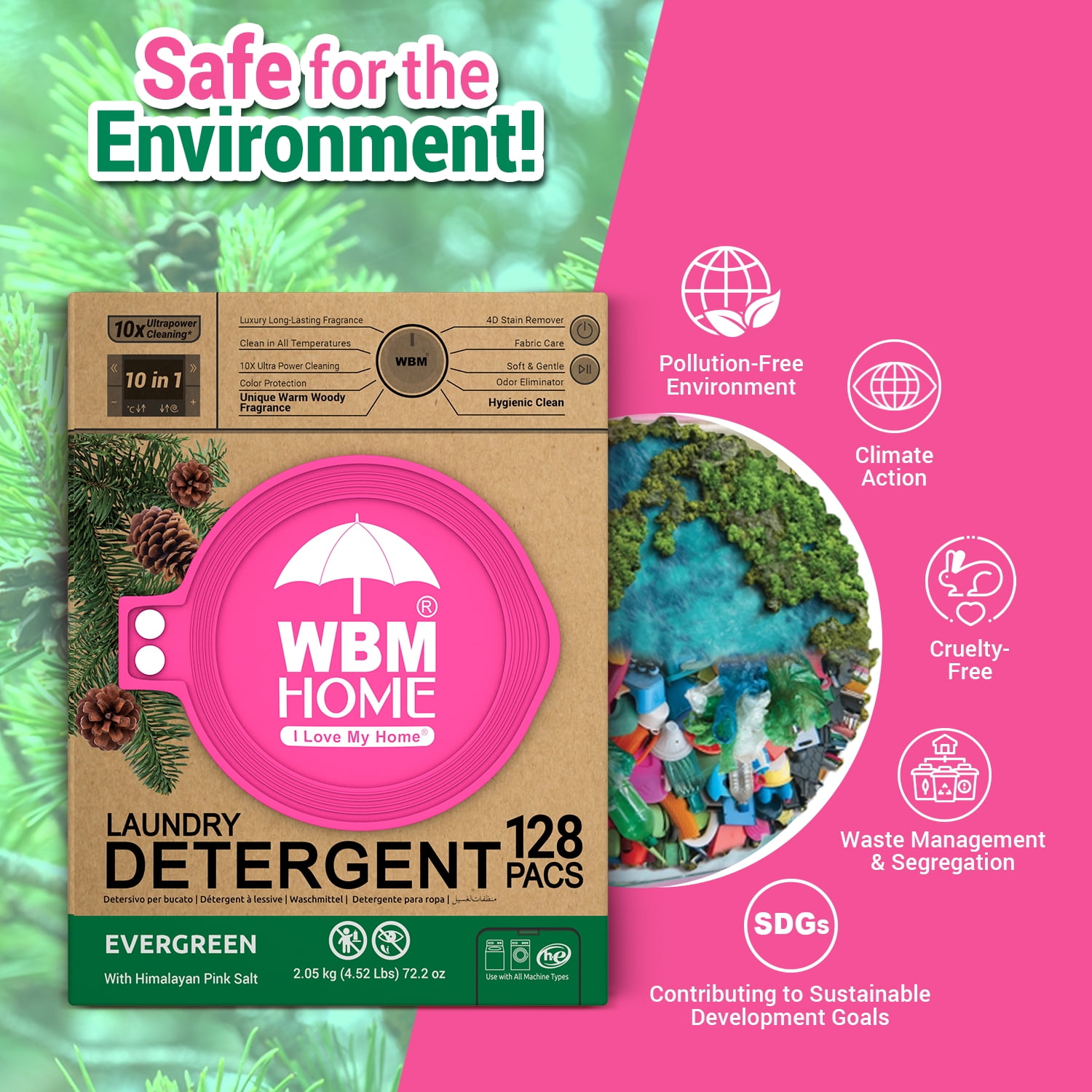 WBM HOME Laundry Detergent Pods, Liquid, Evergreen Scent, Ultra-Concentrated, 128 Count
