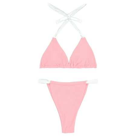 JIANJIA Womens Swimsuits Solid Color Sexy Lace Up Halter Brassiere With Thongs Split Swimsuit Two Piece Bikinis Swimwears Activewear Pink Xl