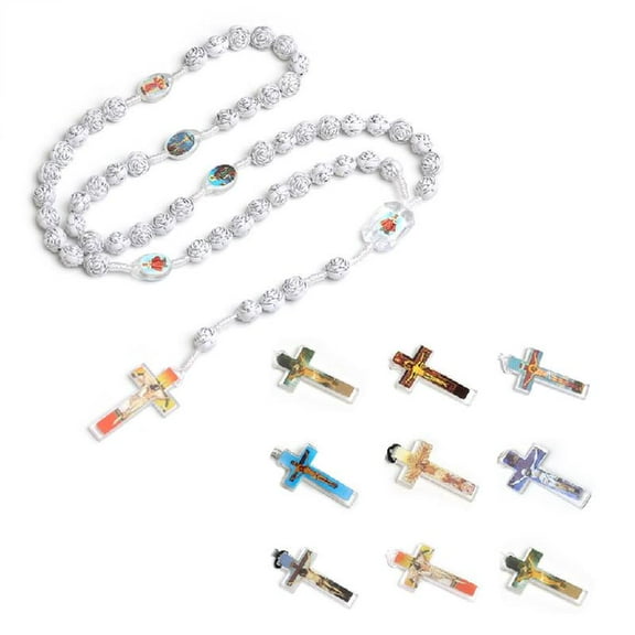 CIYISON Rose Flower Beads Rosary Necklaces Vintage Christian Cross Pendant Necklaces Religious Jewelry Women Girl Charm Gifts