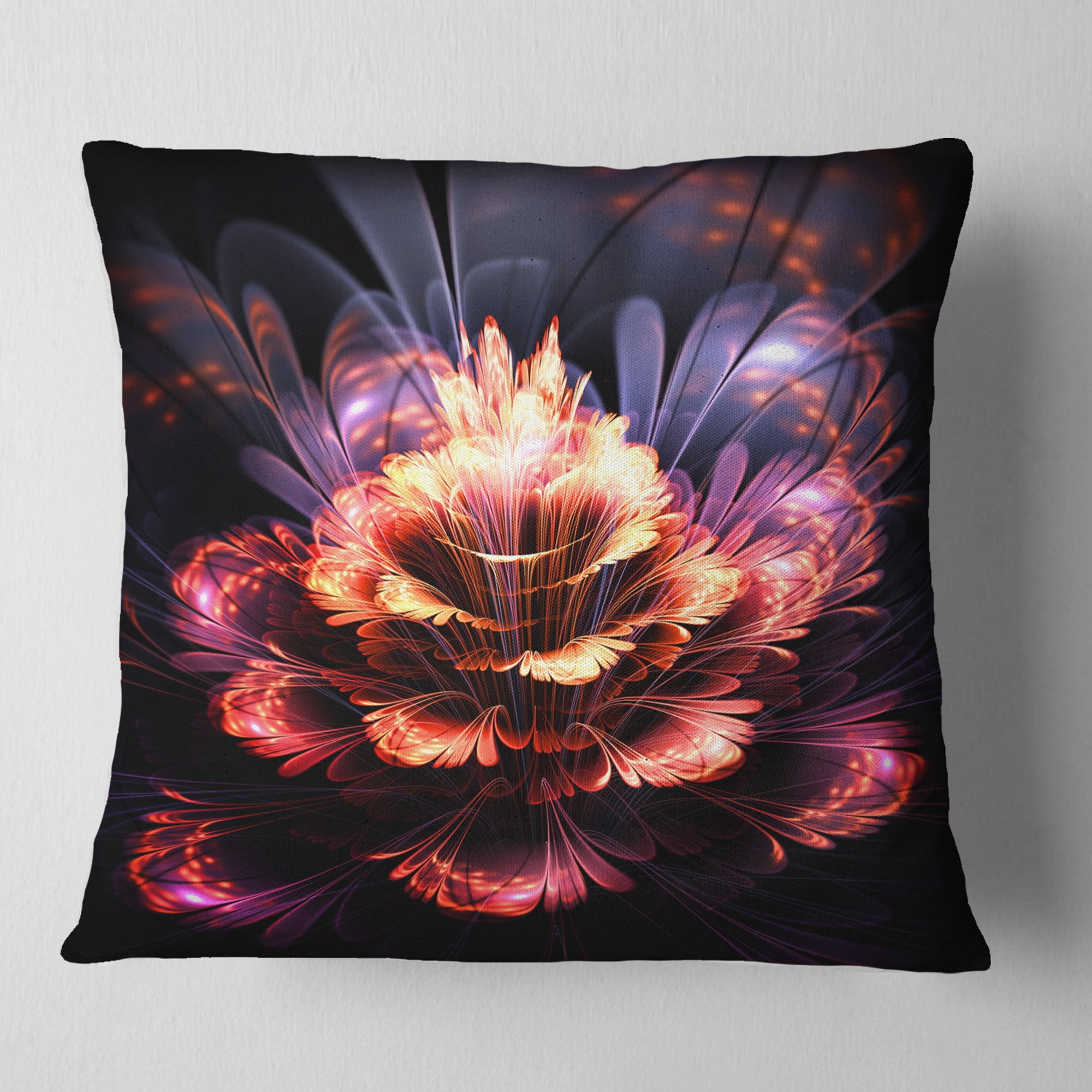 Designart Fractal Flower Orange and Purple - Floral Throw Pillow - 16x16