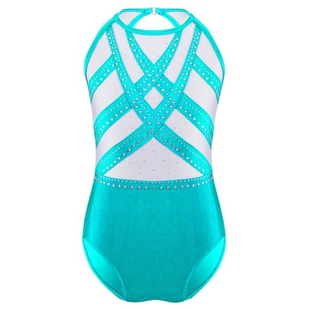 LiiYii Kids Girls One Piece Gymnastics Leotard Shiny Rhinestones Figure Ice Skating Unitard Sports Blue Green 14