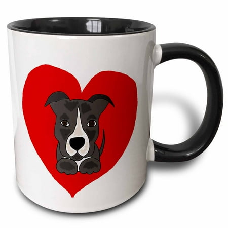 Red Pit Bull - 3dRose Fun Grey and White Pitbull Puppy Dog and Red Heart Love - Two Tone Black Mug, 11-ounce