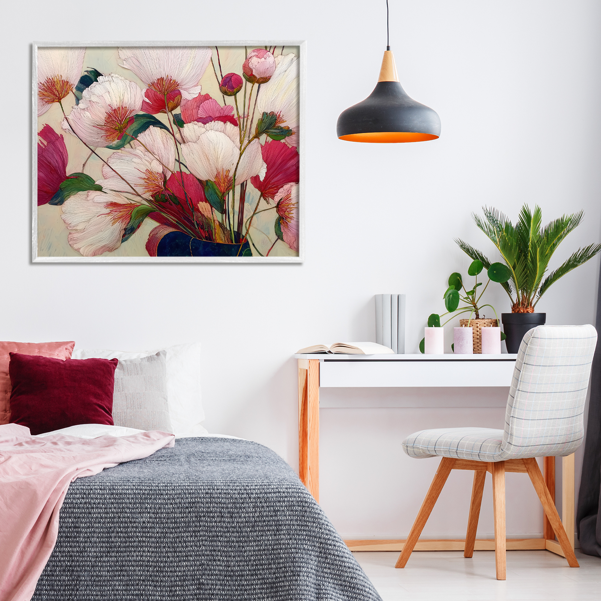 Lush Haiku Pink & White Flowers White Framed Giclee Art, design by Annabelle Hall