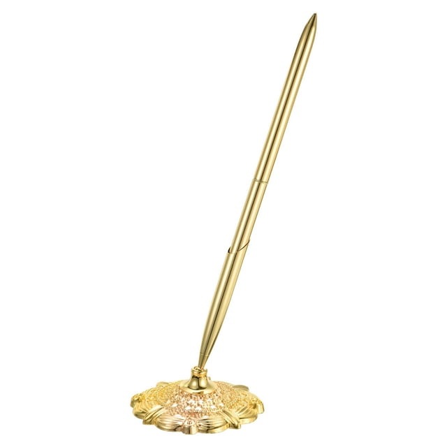 Bolígrafo de boda Uxcell con soporte, 1 juego de bolígrafo para libro de invitados con soporte redondo hueco y juego de bolígrafo, tono dorado