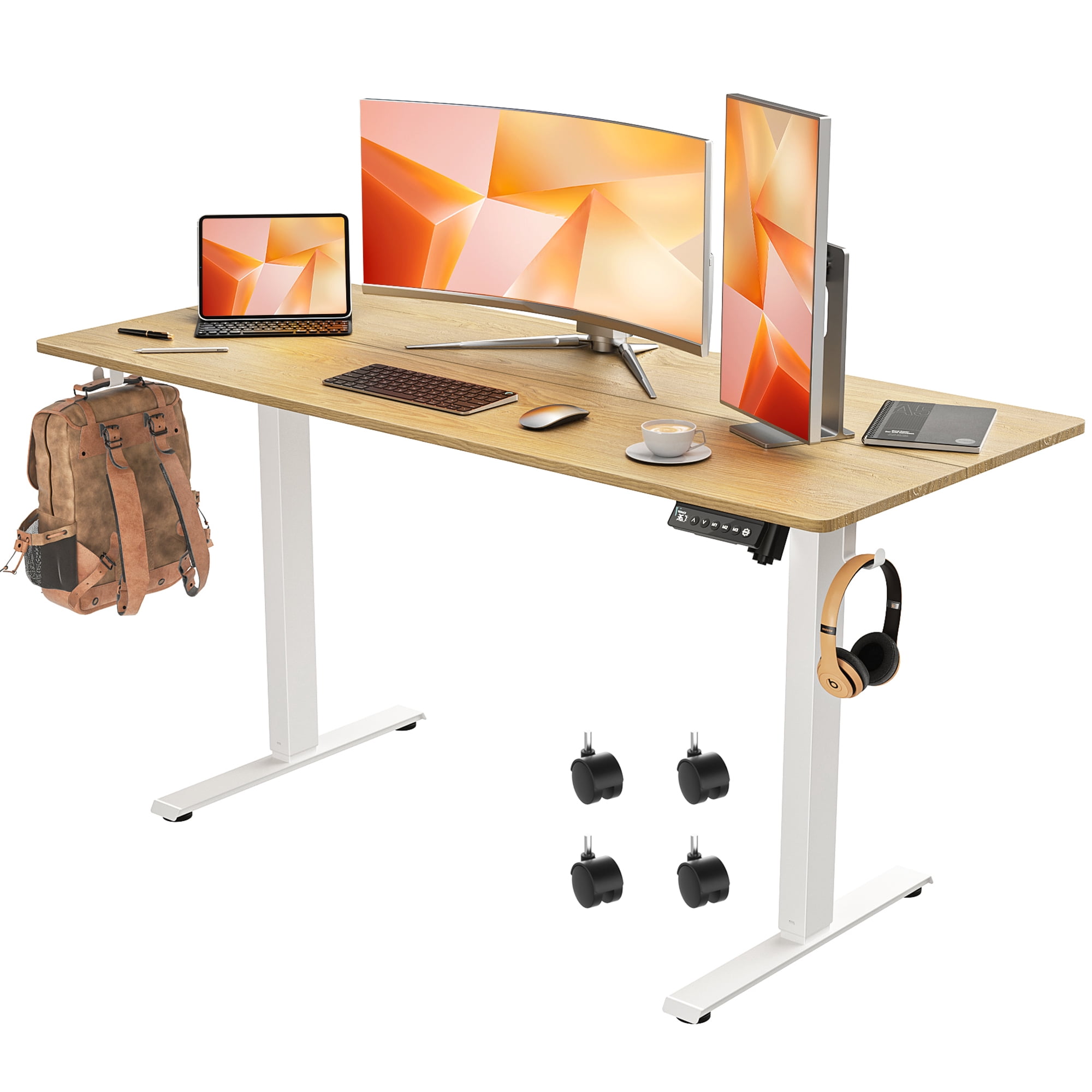VVENACE Electric Standing Desk, Office Desk, Computer Desk, 55 inch 4 Memory Height Ergonomic Sit Stand up Desk, Height Adjustable Desk, Oak, 2 Split Boards