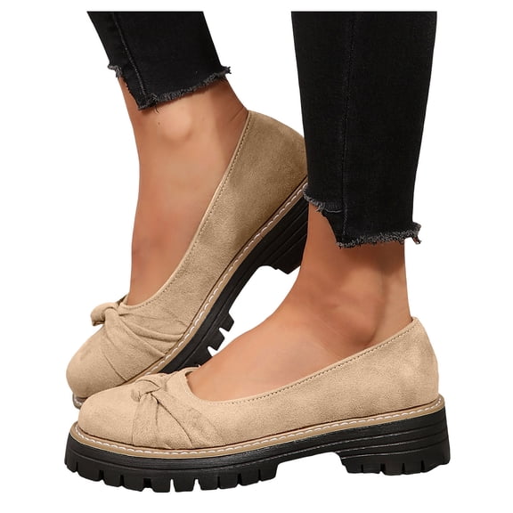 Women Platform Loafers Non Slip Comfortable Walking Shoes Retro Bow Dressy Work Loafer Ladies Low Heel Summer School Shoe Beige Size 6