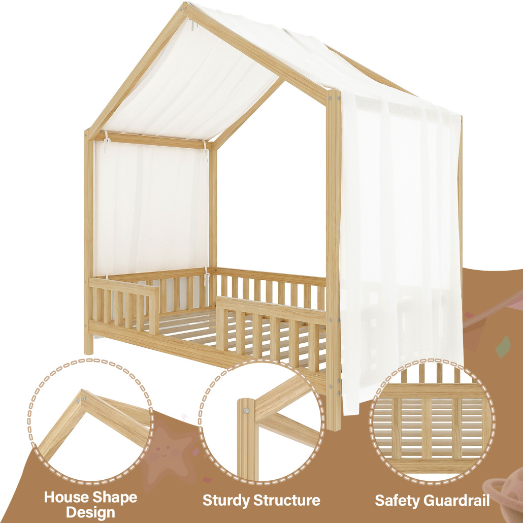 Twin Size Montessori Floor Bed with Canopy,Wooden House Shape Bed with High Railings and Roof,Floor Bed Frame with Reinforced Slats Support,No Box Spring Needed,House Beds for Boys,Girls,Natural