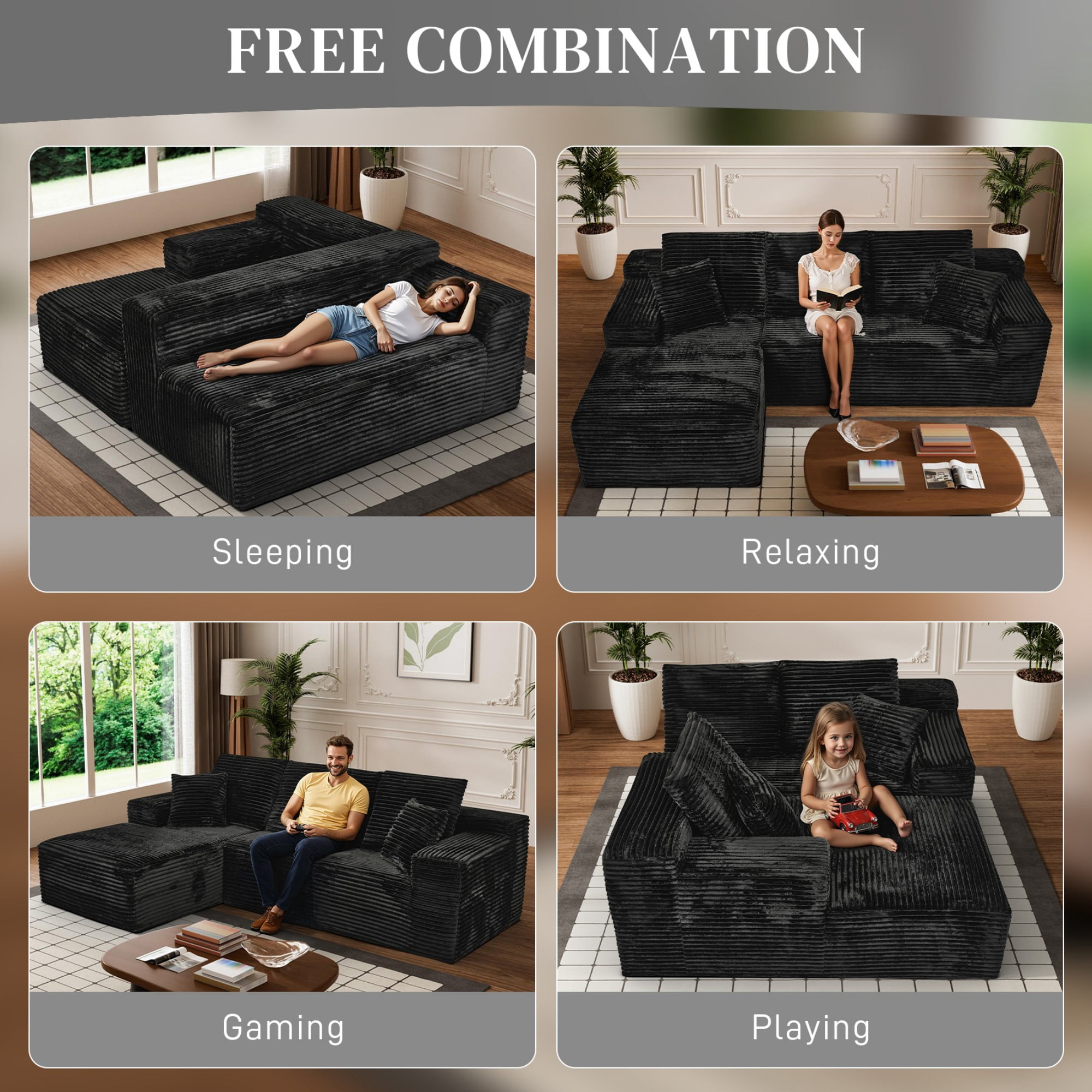 Aukfa 107" Cloud Modular Sectional Couch with Left-Facing Chaise, Corduroy Deep Seat Boneless Sofa for Living Room, Apartment, Black