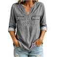 thumbnail image 4 of Kadlawus Long Sleeve Loose V Neck Denim Button Down Shirt Women Fall Casual Basic Pullover Tops Soft Stretchy Comfort Commute Travel Home Daily Wear, Gray 2XL, 4 of 7