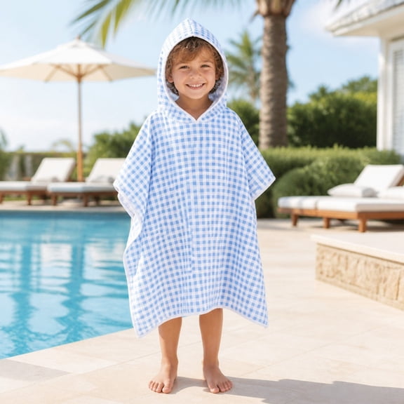 Piparoo Kids Hooded Poncho Towel, Soft Absorbent Gingham Bath Towel Cover Up for Toddler Boys Girls, Wearable Swim Towel for Bath, Beach and Pool, Ages 1-6