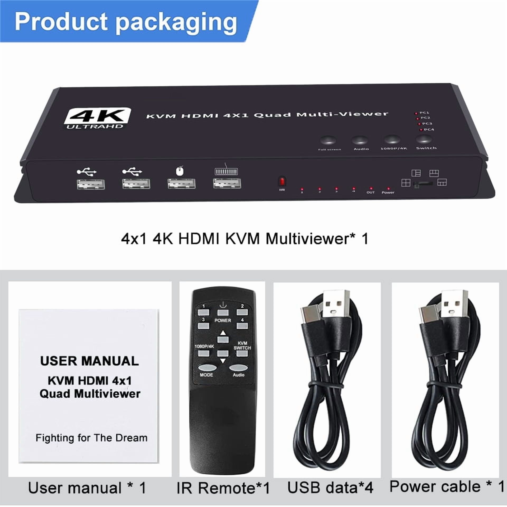 AUBEAMTO 4K HDMI KVM Switch 4x1 Quad Multi Viewer 4 in 1 Out KVM HDMI Processor Screen Multiviewer Seamless for 4 PC Share Mouse Keyboard
