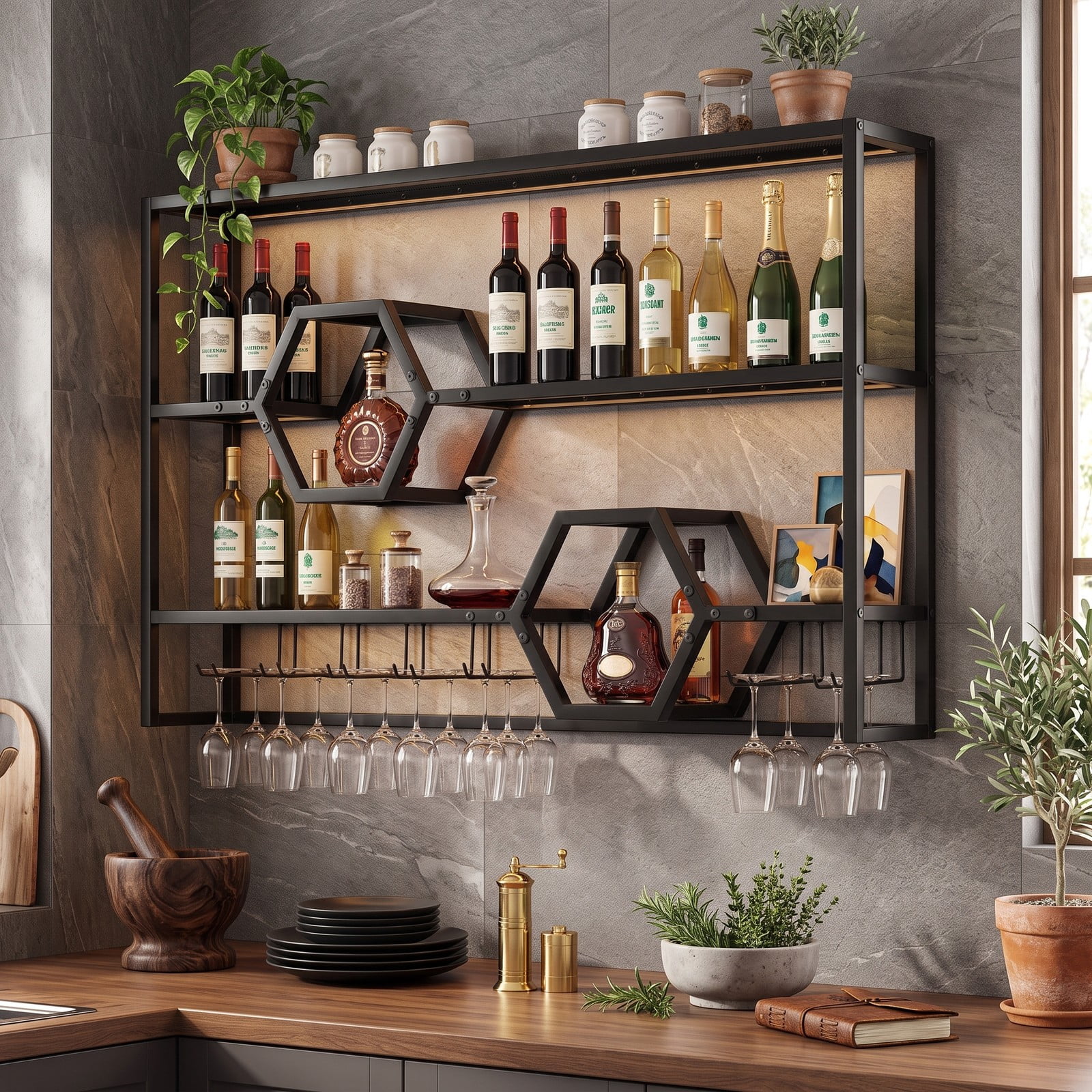 RUIE 47 Inch Wall Mounted Wine Rack, Large Floating Bar Shelves with Glass Holder, Metal Hanging Wine Bottle Storage Organizer for Kitchen Dining Room Bar, Black