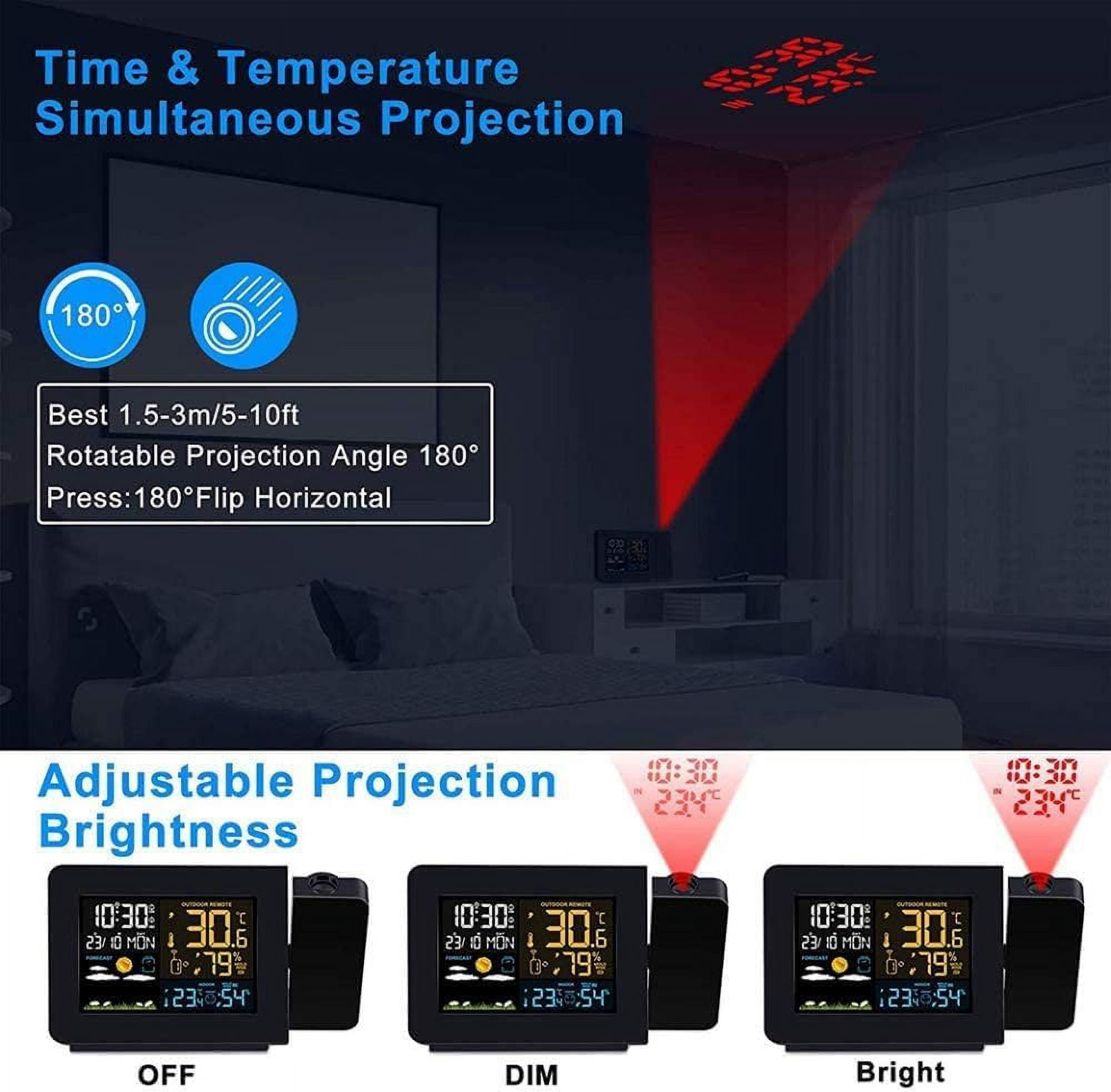 Projection Alarm Clock with Weather Station, Atomic Digital Alarm Clock with Projection on Ceiling,Indoor Outdoor Temperature Humidity Monitor Gauge,for Home Bedroom