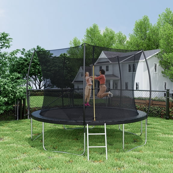 Leumius 12FT Trampoline for Kids and Adults,Outdoor Trampolines with Safety Enclosure Net,Curved Fence Pole,Round Recreational Trampoline with Ladder,Black