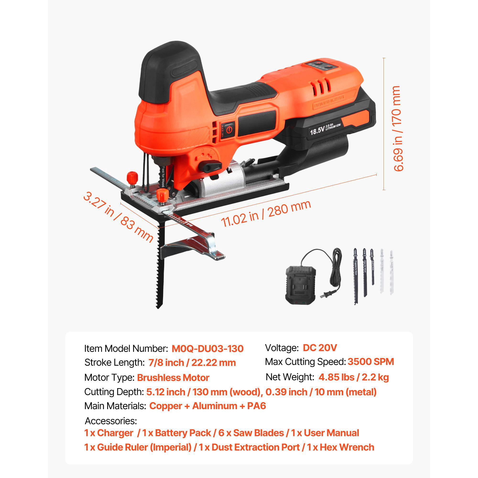 20V Brushless Cordless Jigsaw 3500 SPM with 6 Blades LED Light 6 Speed 0-45 Degree Bevel 4 Orbital Settings for Straight Circle Cutting