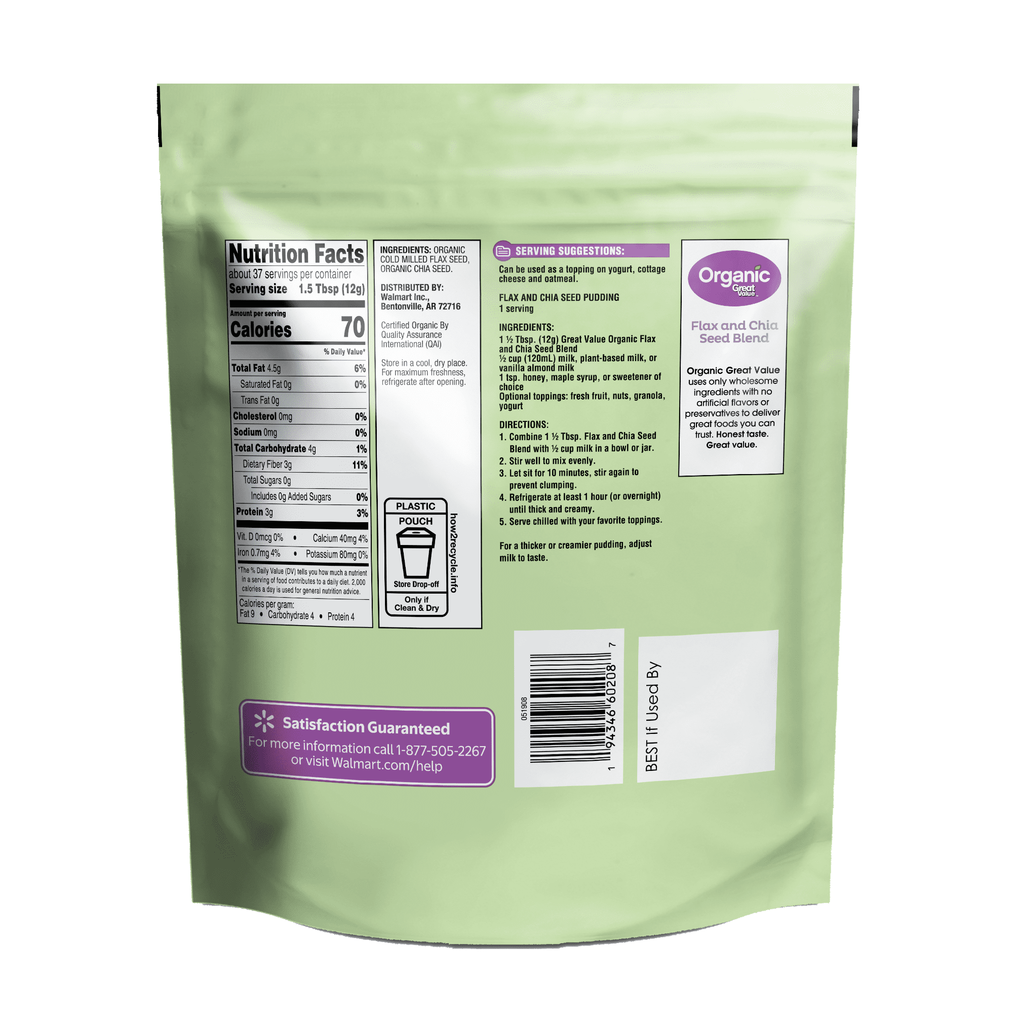 Great Value Organic Cold Milled Ground Flax and Chia Seed Blend with No Allergen 16 oz