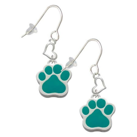 Silvertone Large Teal Paw Heart French Earrings