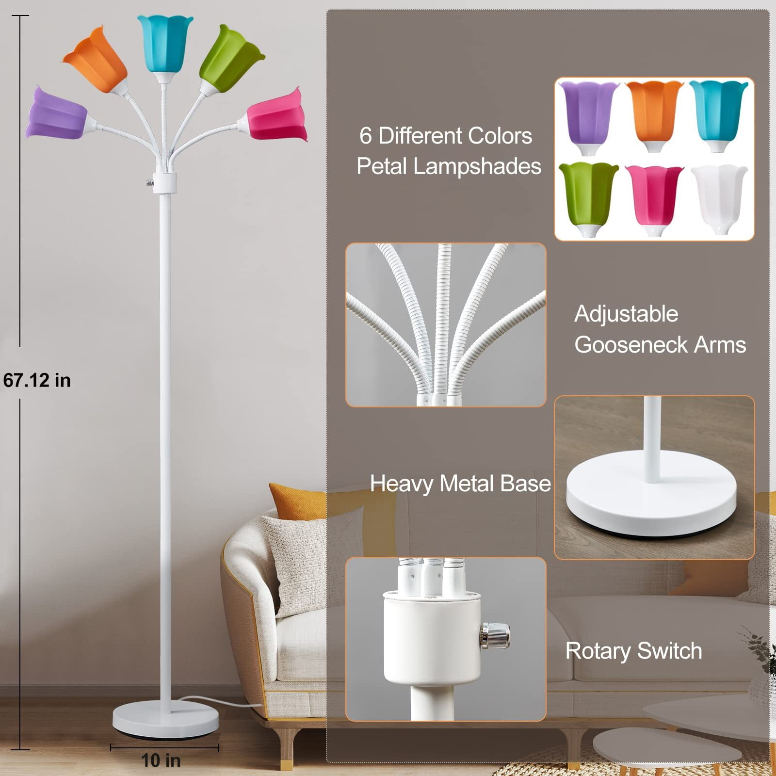 NATYSWAN Medusa LED Floor Lamp, Multi Head Modern Tall Lamp with Adjustable Gooseneck Standing Lamps Led Tall Lamp for Living Room Bedroom Kids Room Office 6 Color Lampshades Bulb Not Included