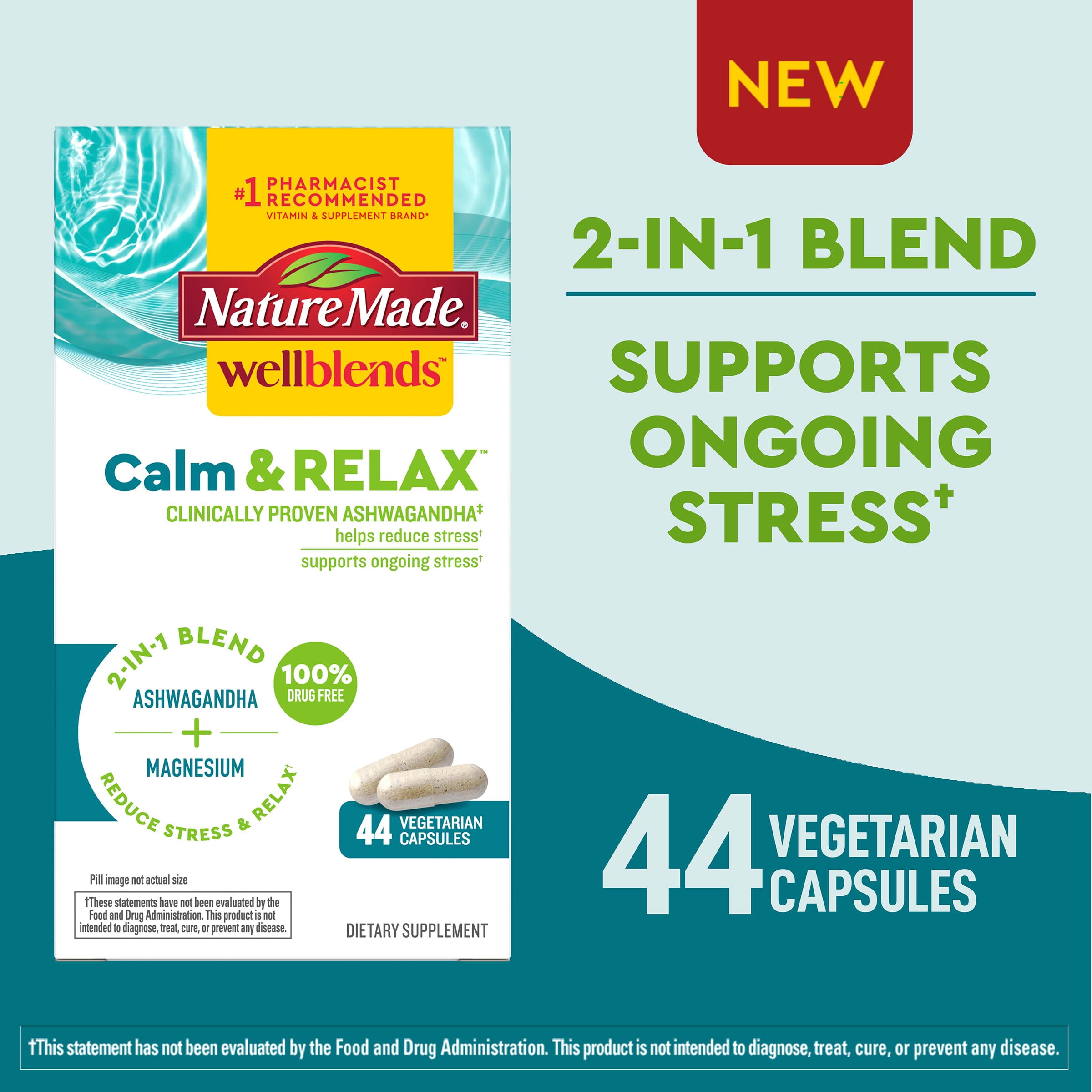 Nature Made Wellblends Calm & Relax Capsules with Ashwagandha and Magnesium, Mood Support Supplement, 44 Count