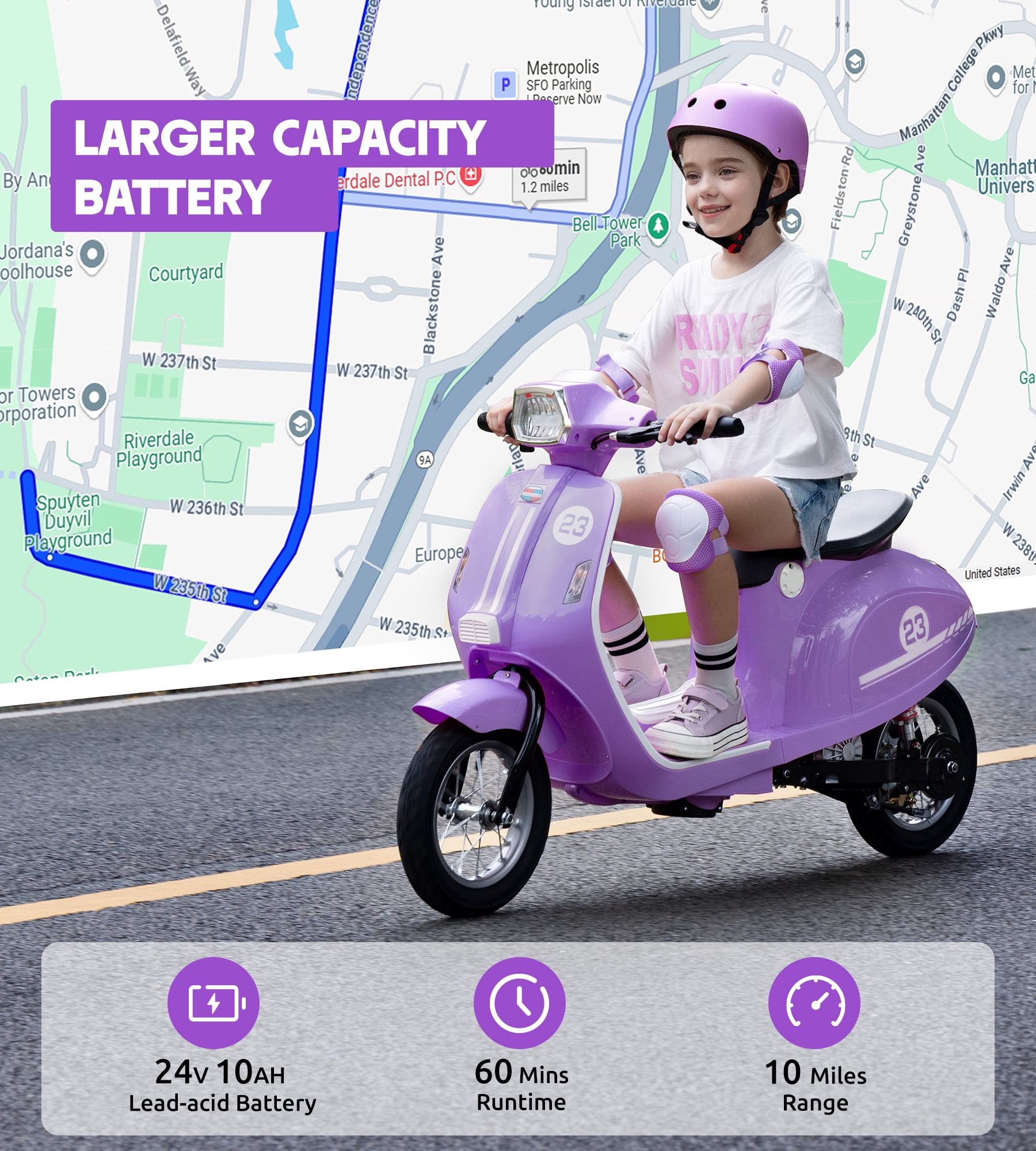 SaveJoy Kids Motorcycle 24V Retro Ride on for Ages 8+, LED Light-Up Electric Ride On Toy,Durable Outdoor Gift for Boys & Girls,Purple