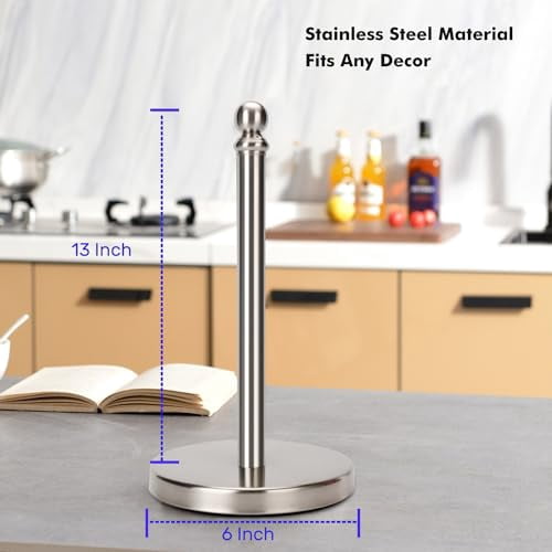 Countertop Paper Towel Holder with Weighted Base for Kitchen and Bathroom, One-Handed Operation, Brushed Nickel Finish