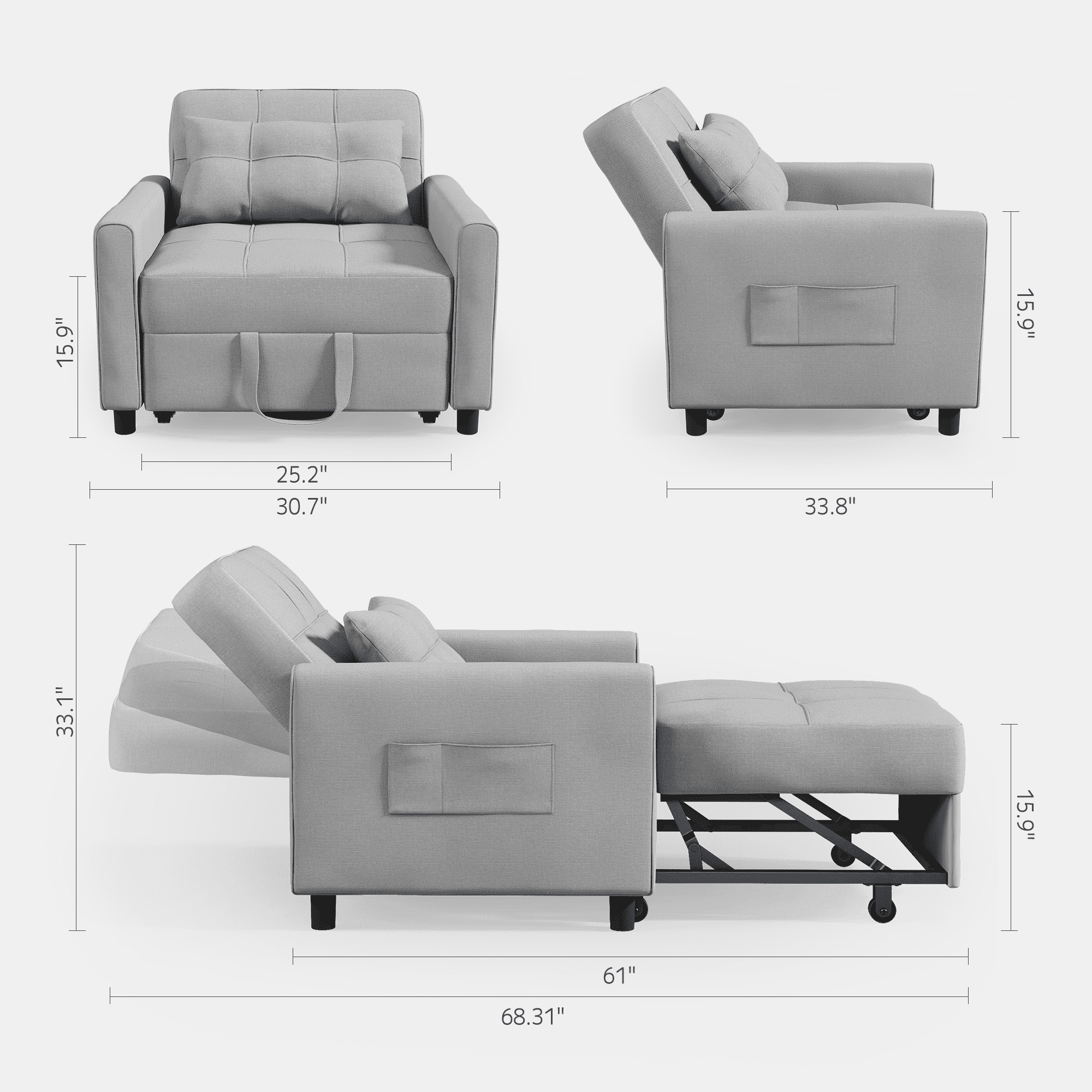 Asofer Sofa Bed Chair, 3 in 1 Convertible Futon Couch Recliner, Sleeper Sofa for Home or Office, Light Gray