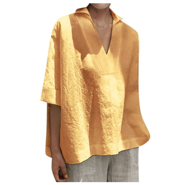 CEHVOM Femmes Manches Courtes Col en V Décontracté Hauts Amples Chemises en Coton pour Dames Blouse