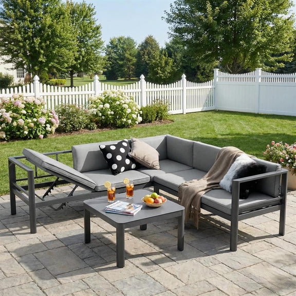 Topcobe 3 Pieces Aluminum Patio Furniture Set with 6-Level Adjustable Backrest, Outdoor Sectional Furniture, Gray