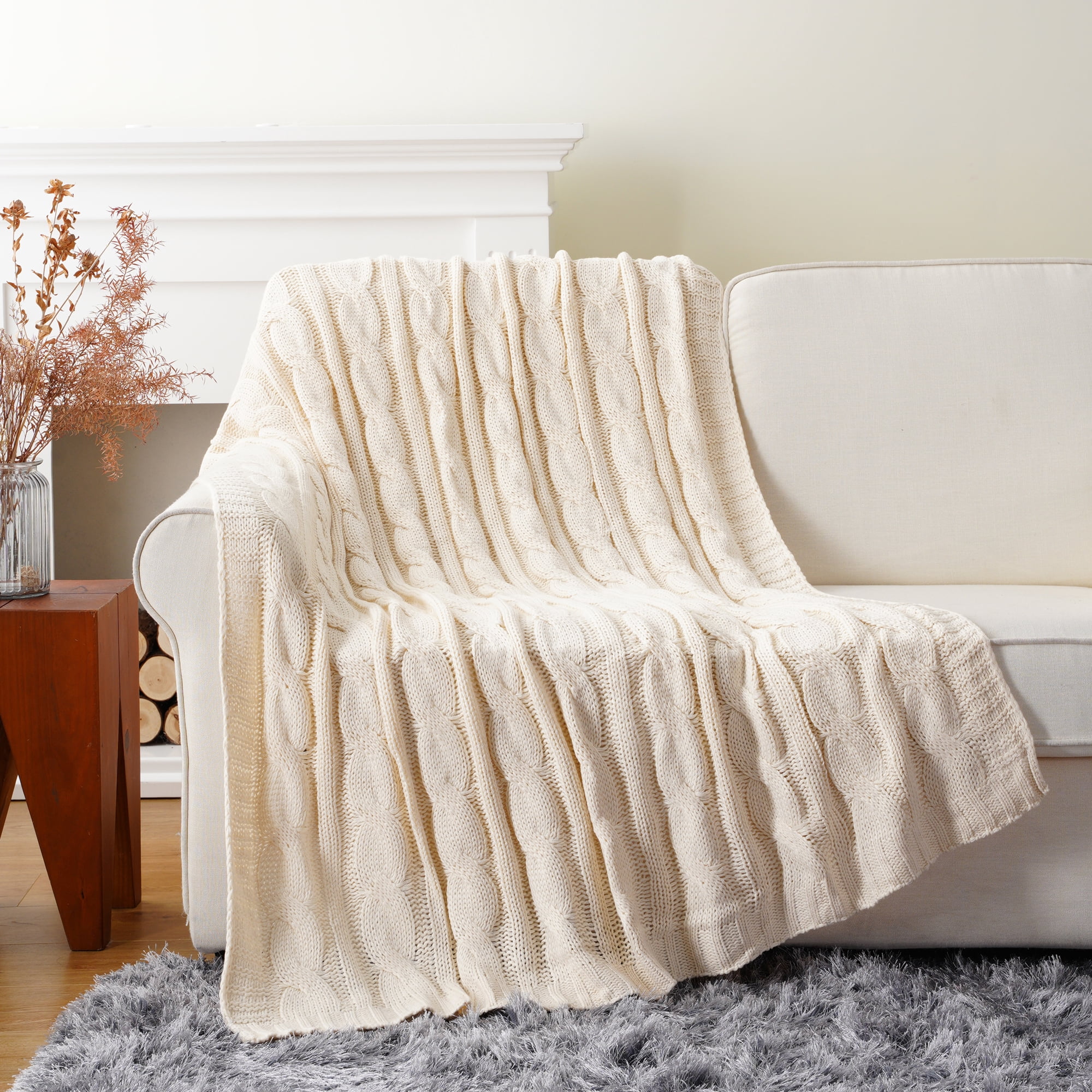 Cream Cable Knit Blankets, White Herringbone Decorative Knitted Throw,Housewarming Gifts,50"x60"
