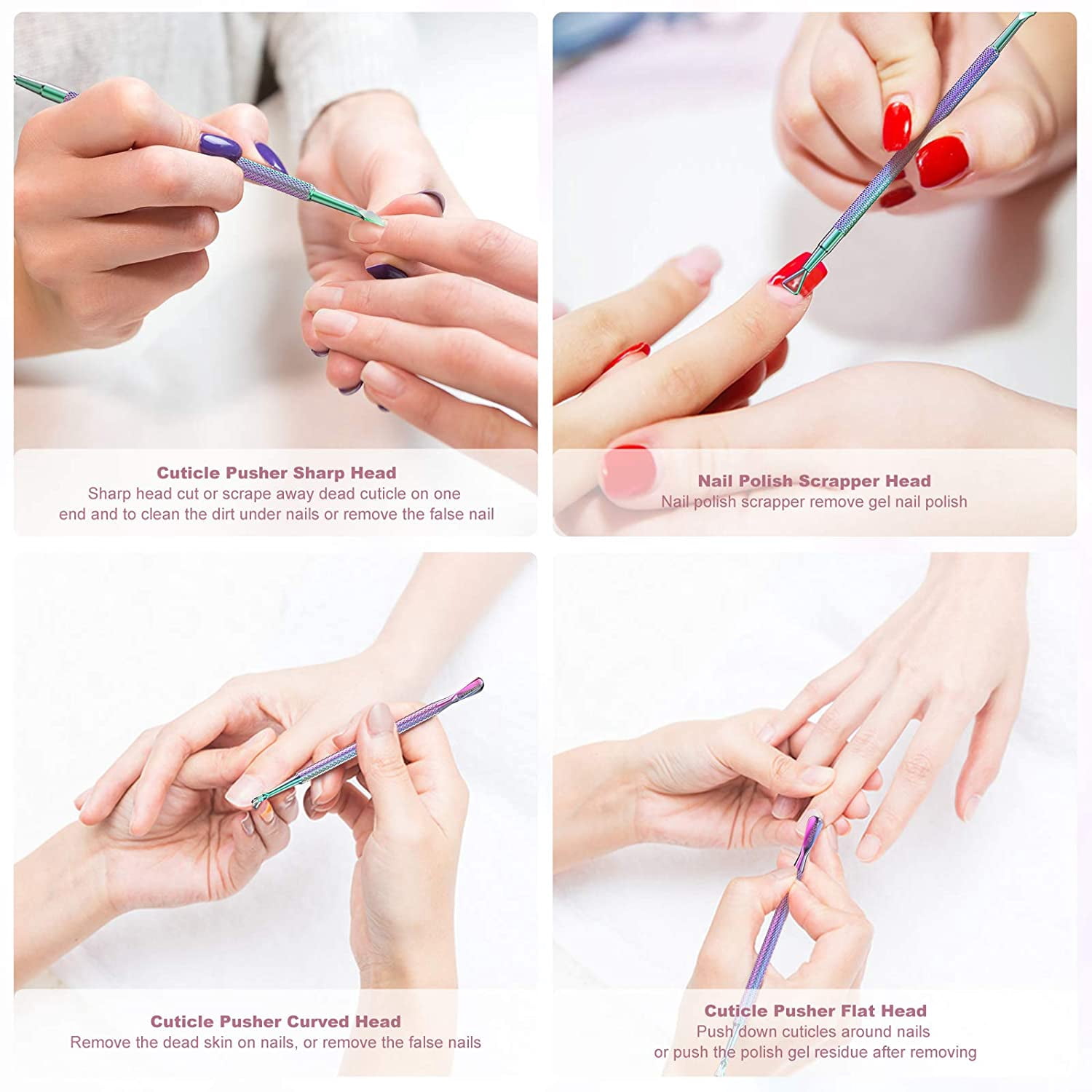 Cuticle Pusher Nail Polish Remover Stainless Steel Manicure Tool Set Gel Nail Polish Peeler Scraper Nail Care Stick Pedicure Kit for Fingernail and Toenail, General P1, Color Gradient…