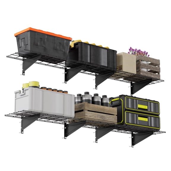 STORKING 2-Pack Wall Mounted Garage Shelves, 12"x72" Heavy Duty Storage Racks, 800lbs Capacity, Floating Shelves with 16 Hooks for Garage Organization, Black