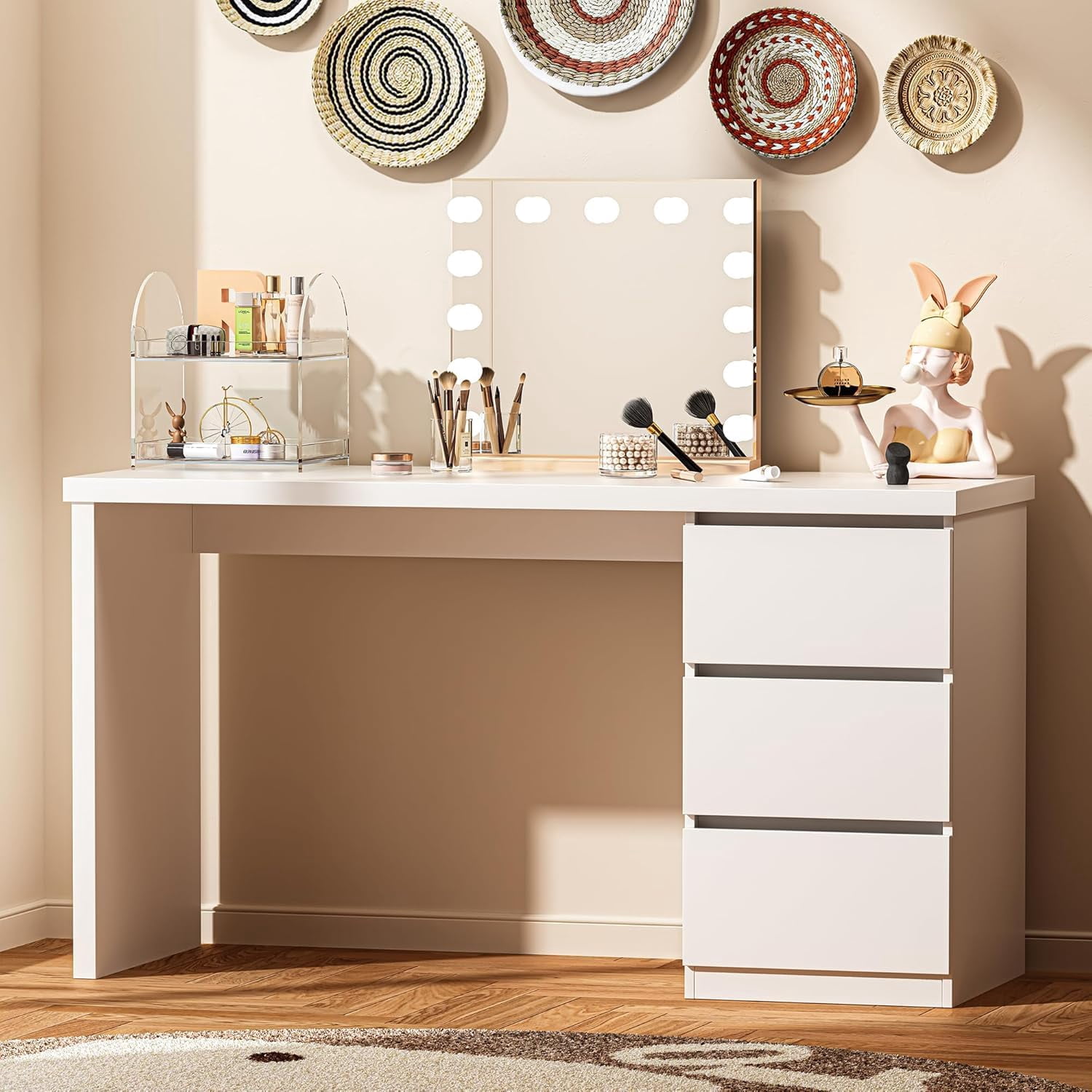 White Desk with Drawers, 55'' W Home Office Computer Desk Gaming Table, Modern Vanity Desk with Storage, Wood Writing Workstation for Bedroom, Living Room, White