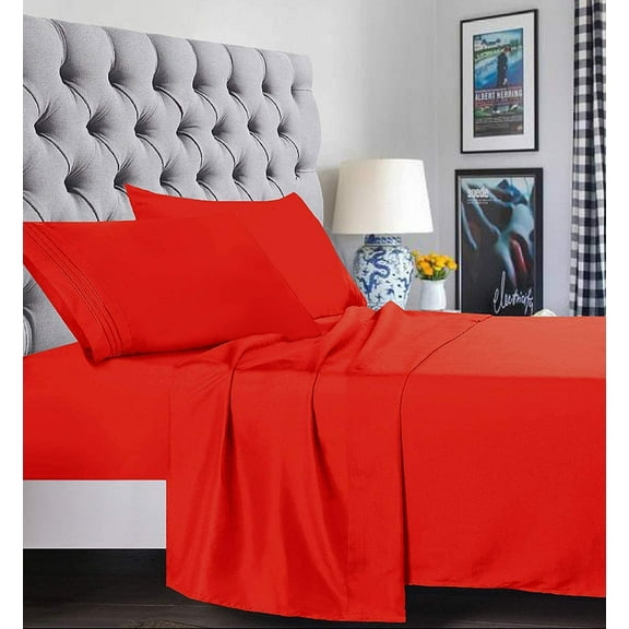 Super Soft 1500 Series Deep Pocket 4 Piece Bed Sheet Set, Microfiber - Queen Red