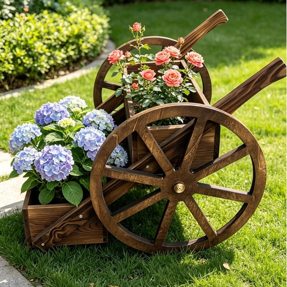 Wooden Wagon Planter Box, 2-Tier Raised Garden Bed /Wheels & Drainage Hole, Decorative Garden Planter for Flowers Herbs Vegetables, Indoor Outdoor Flower Cart for Patio Garden Balcony