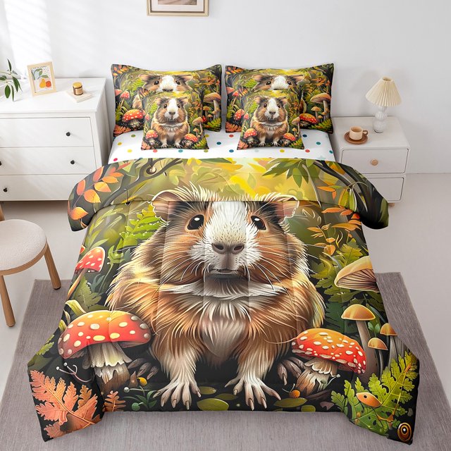 Erosebridal Ensembles de Literie Mignons pour Cochon d'Inde Format Simple, Ensembles de Douillette Champignon de Jungle avec Draps, Ensemble de Lit Réversible Hamster Kawaii, Décor de Chambre Léger, 7 Pcs
