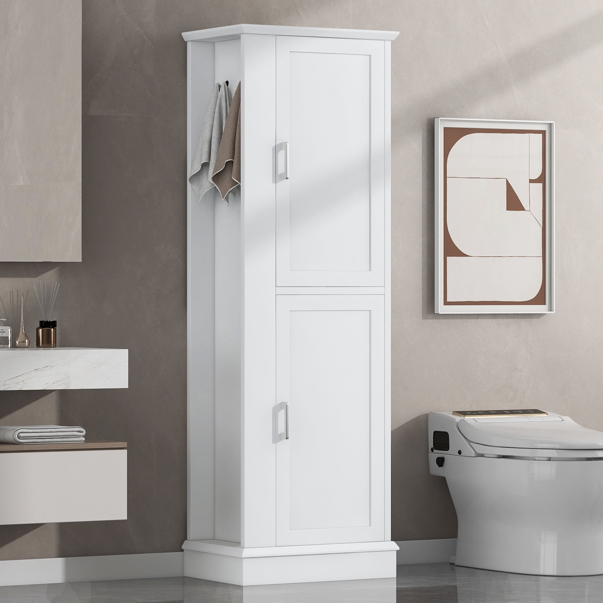 Harper & Bright Designs Tall Bathroom Storage Cabinet Doors and Hook, Modern Freestanding Cabinet with Adjustable Shelves for Bathroom, White